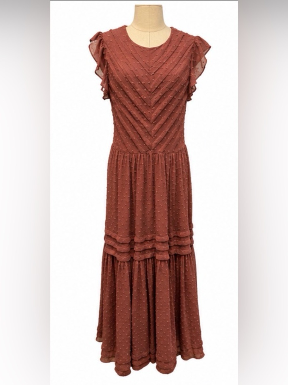 Bohme Swiss Dot Tiered Maxi Dress Rust Mauve Size Medium NWOT